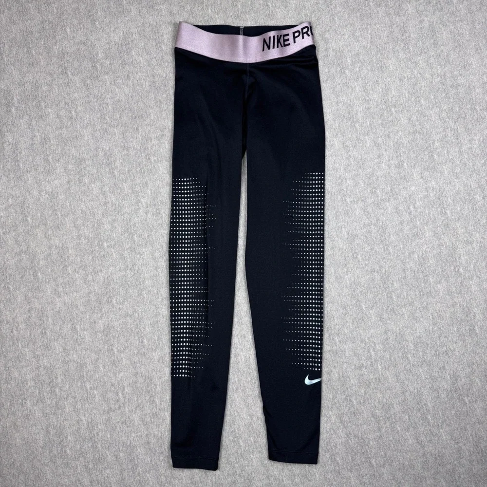 Nike Pro Dri-Fit Womens Leggings Black Metallic Lavender Dot Tights Small